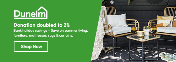 Bank holiday savings – Save on summer living, furniture, mattresses, rugs & curtains.  Donation doubled to 2%