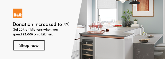 Get 20% off kitchens when you spend £3,000 on a kitchen.  Donation increased to 4%  Shop now
